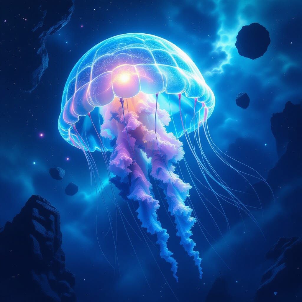 Bioluminescent Jellyfish in Cosmic Nebula, Ancient Ruins
