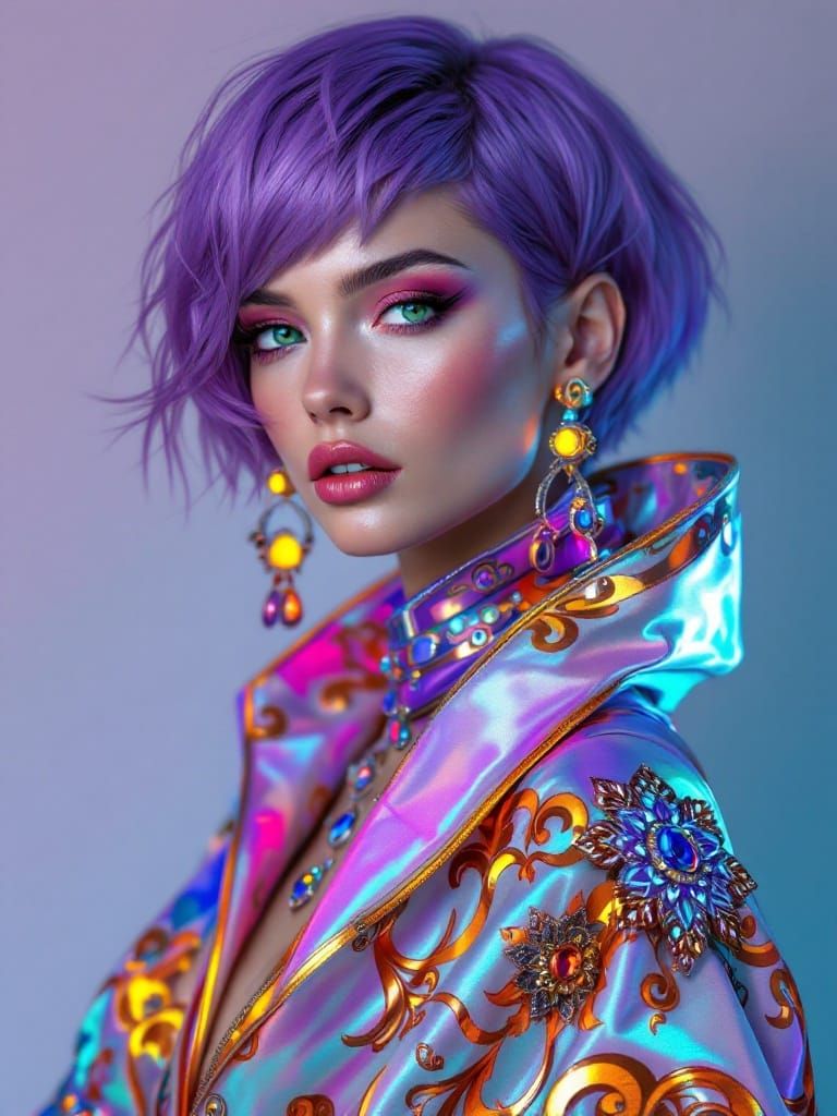 Hyperrealistic Portrait of a Futuristic Fashionista in Vibra...