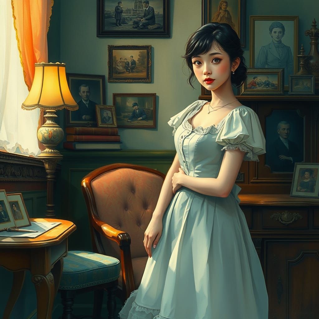 Nostalgic Woman in Vintage Setting, Watercolor Style