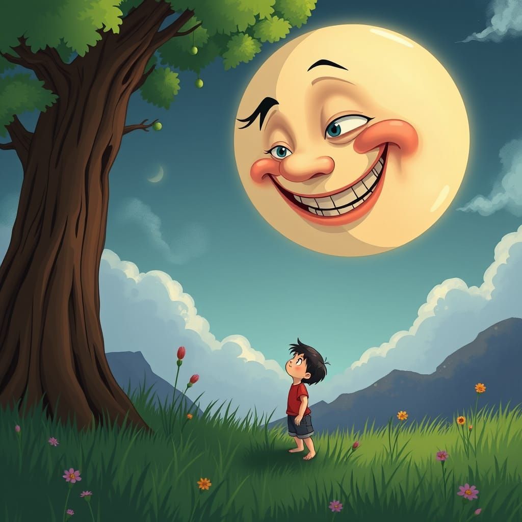Child and Cartoon Moon in Surreal Meadow