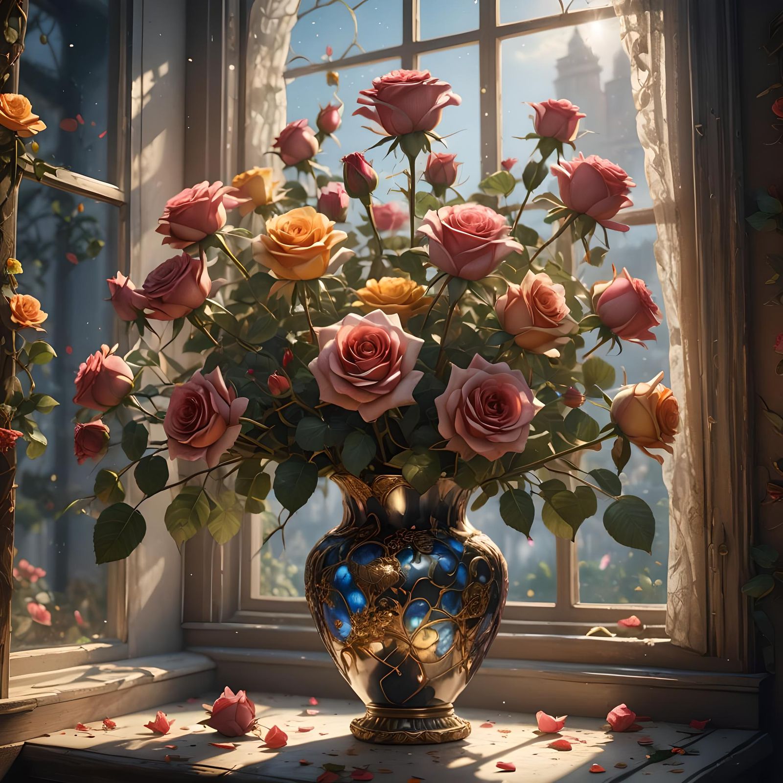 Detailed Roses in Vase, Matte Painting, 8K
