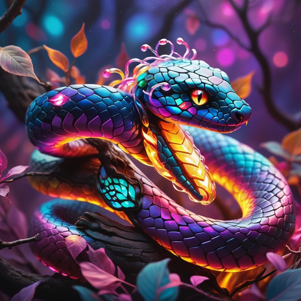 Bioluminescent Rainbow Gemstone Snake in Fantasy Setting