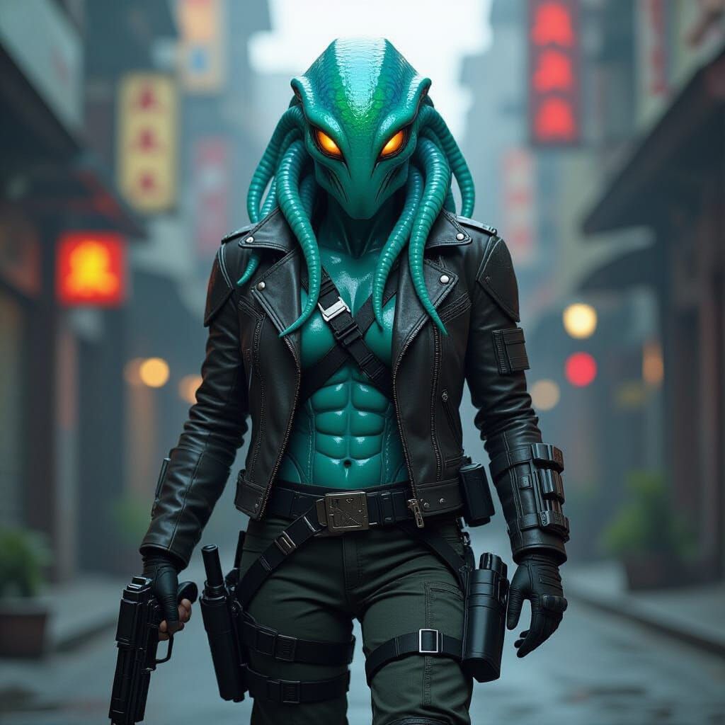 Iridescent Alien Bounty Hunter in Cinematic Photorealistic S...