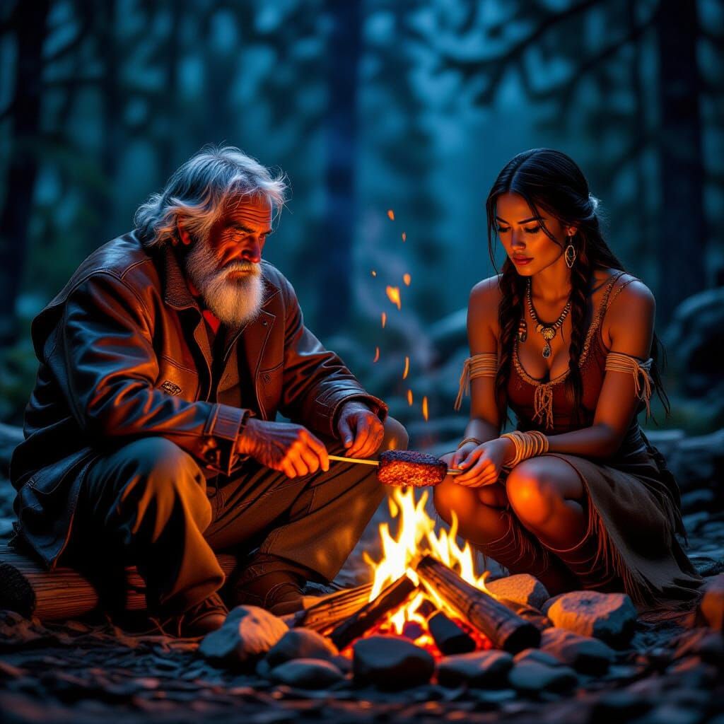 Trapper and Native Woman by Campfire