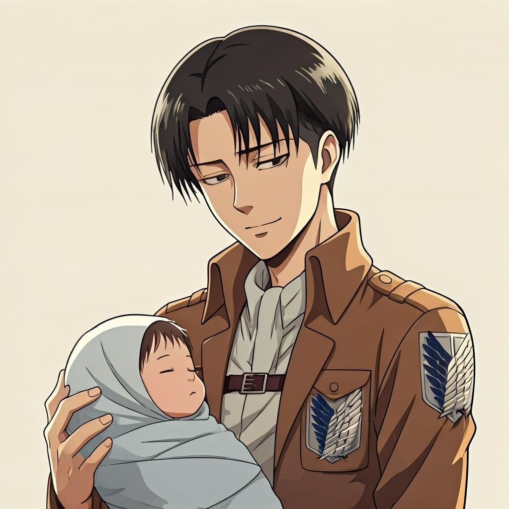 Levi Ackerman Cradles a Baby: Anime-Style Portrait