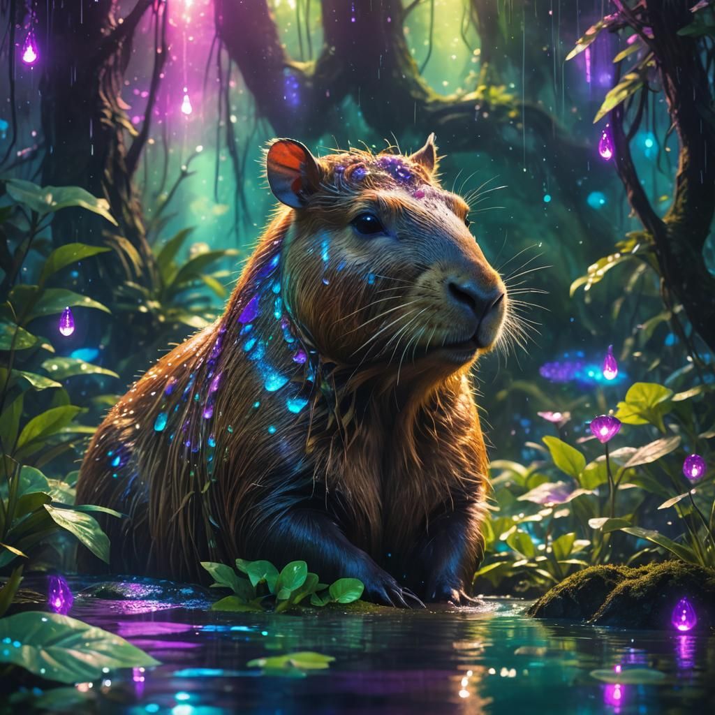 Mystical Capybara in Iridescent Forest: Fantasy Concept Art
