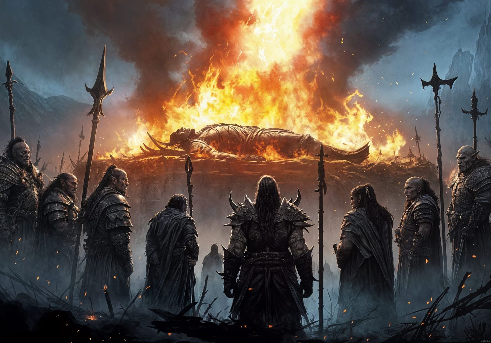 Dramatic Dawn Funeral of a Fierce Orc Warlord in a Dungeons&...