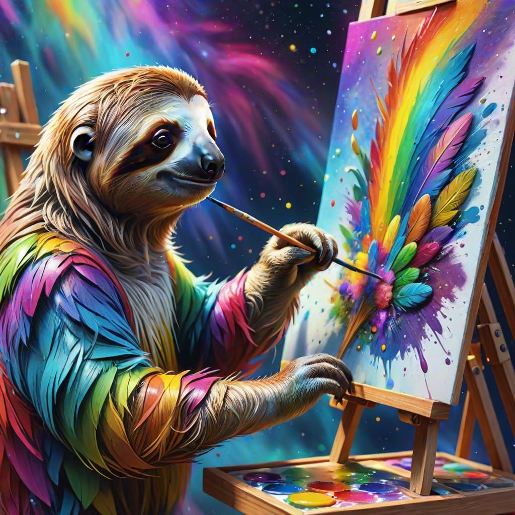 Rainbow Sloth Artist Painting a Cosmic Waterfall