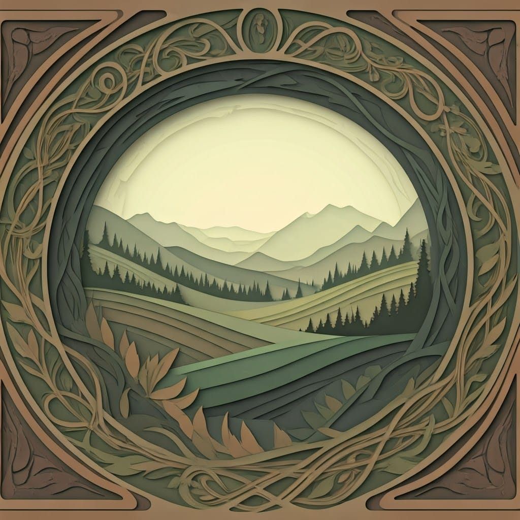 Art Nouveau Paper Cut Mountain Landscape