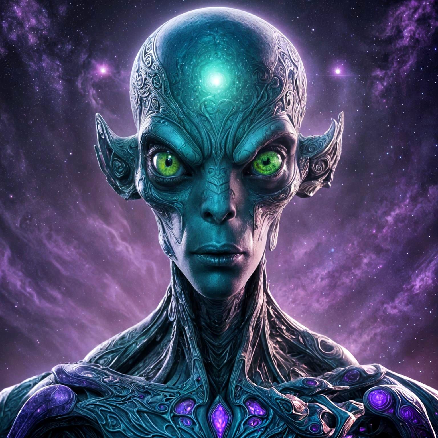 Surreal Purple Alien in Cosmic Holographic Art