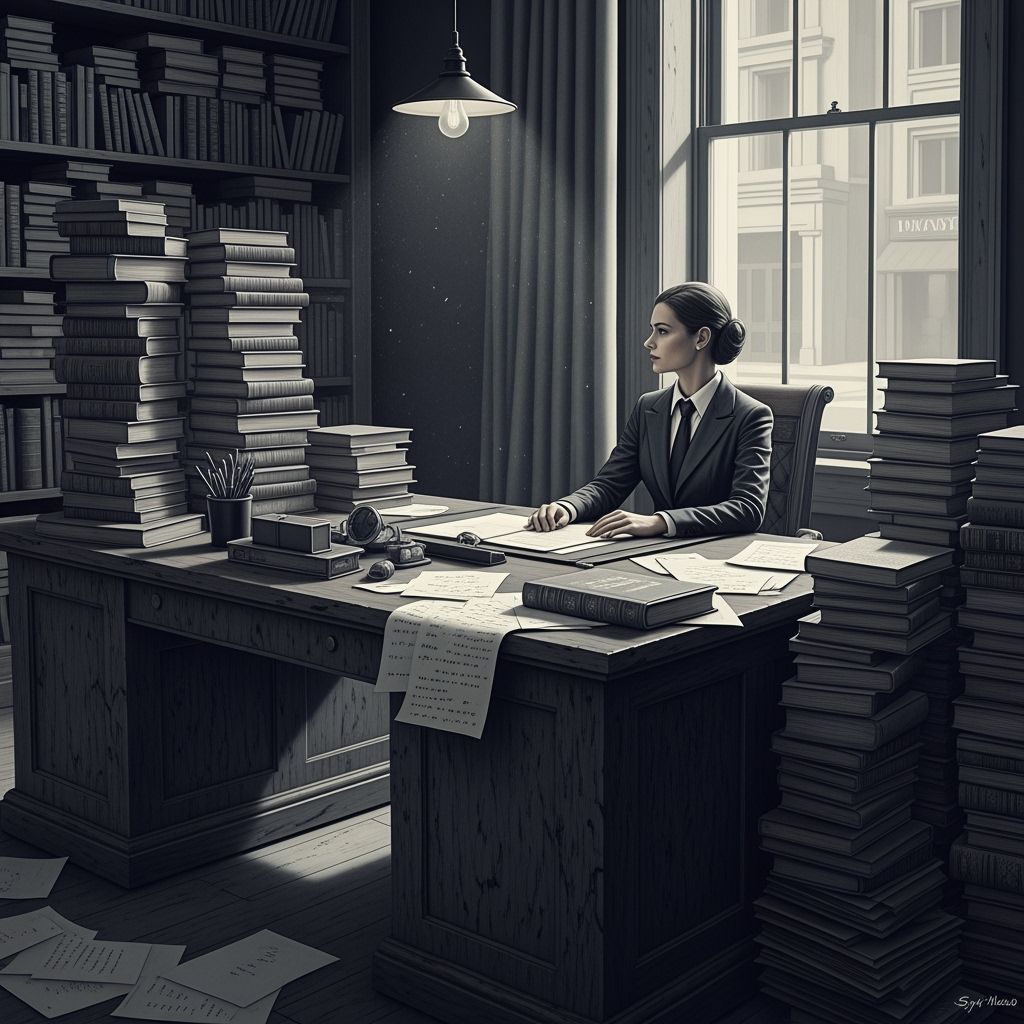 Solitary Woman in Moody Office, Film Noir Style