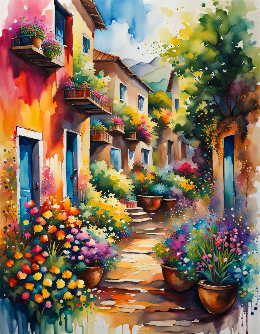 Italian Seaside Marketplace in Watercolour Style