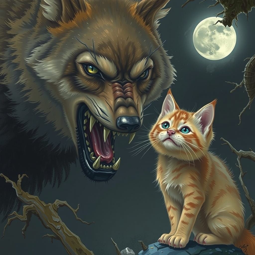Dark Fantasy Wolf Confronts a Carefree Kitten Under a Haunti...