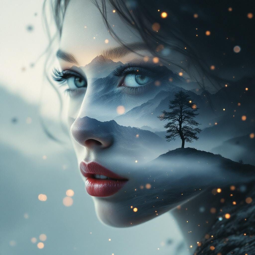 Surreal Double Exposure Portrait of Woman and Landscape