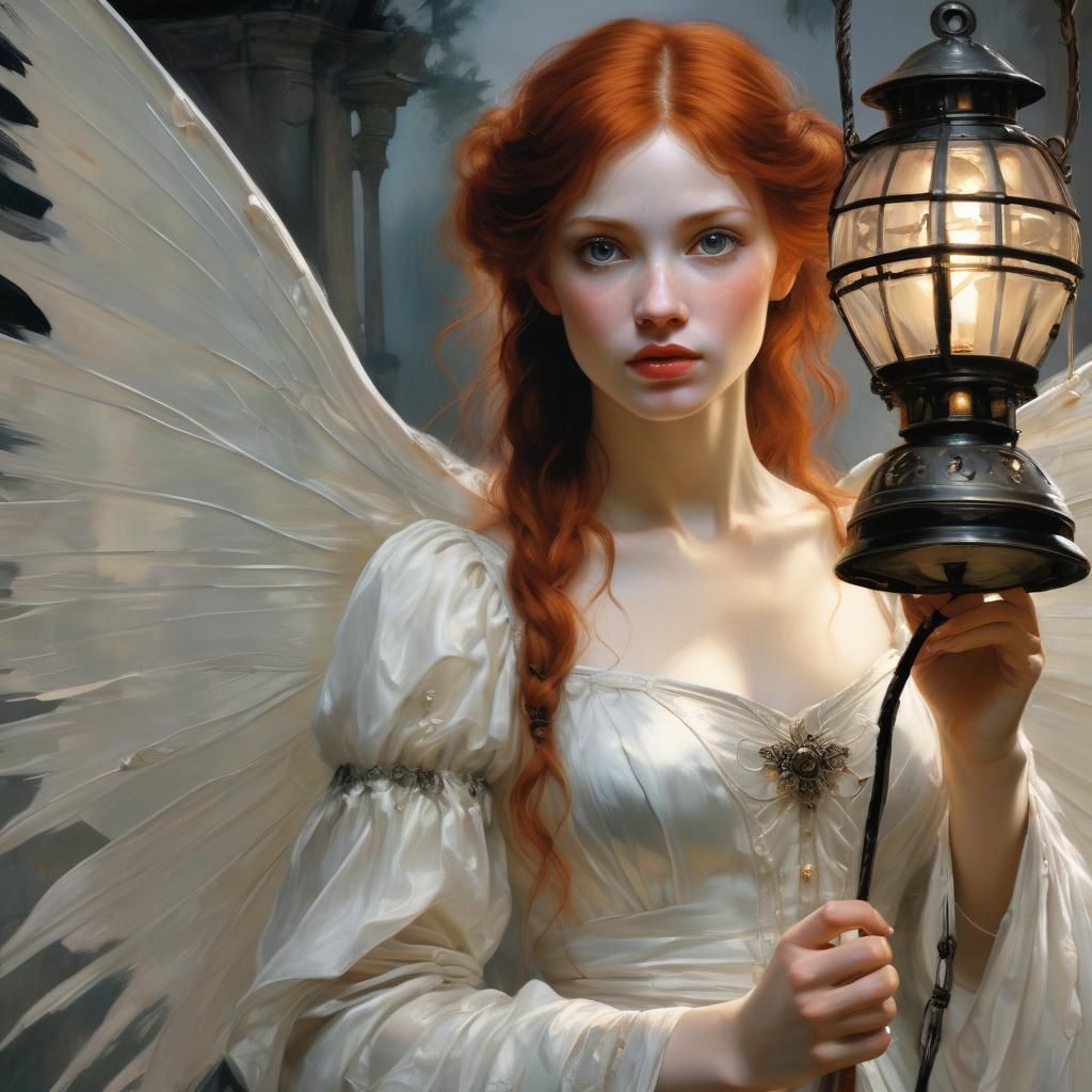 Red-Haired Fairy with Lantern: Oil Painting