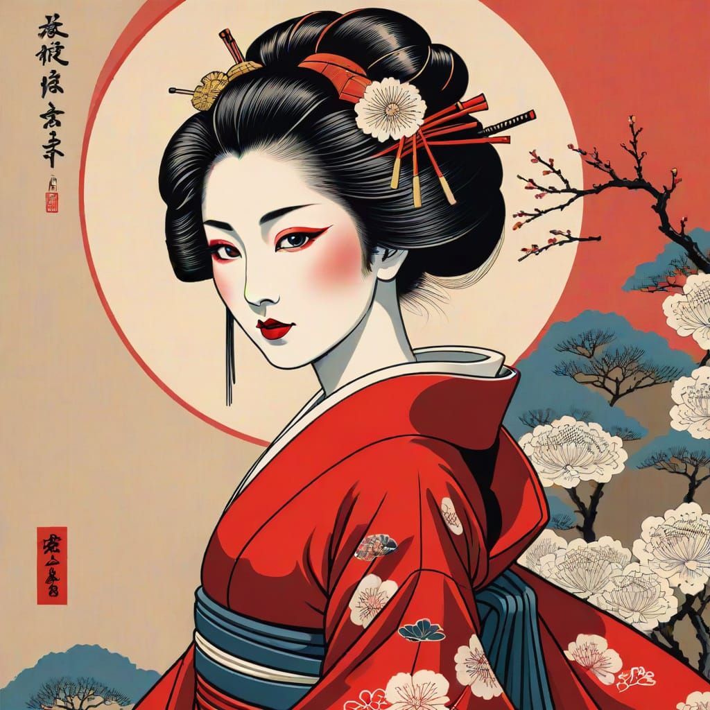 Geisha in Traditional Red Ukiyo-e Art