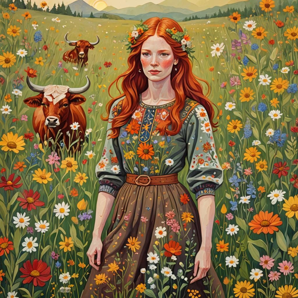 Redhead Woman as Taurus Zodiac in Folk Art Style