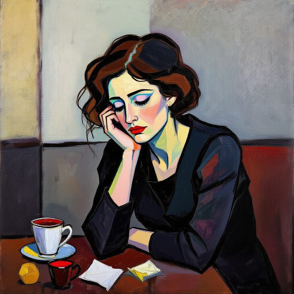 Melancholic Woman Surrounded by Loss as Impasto Painting