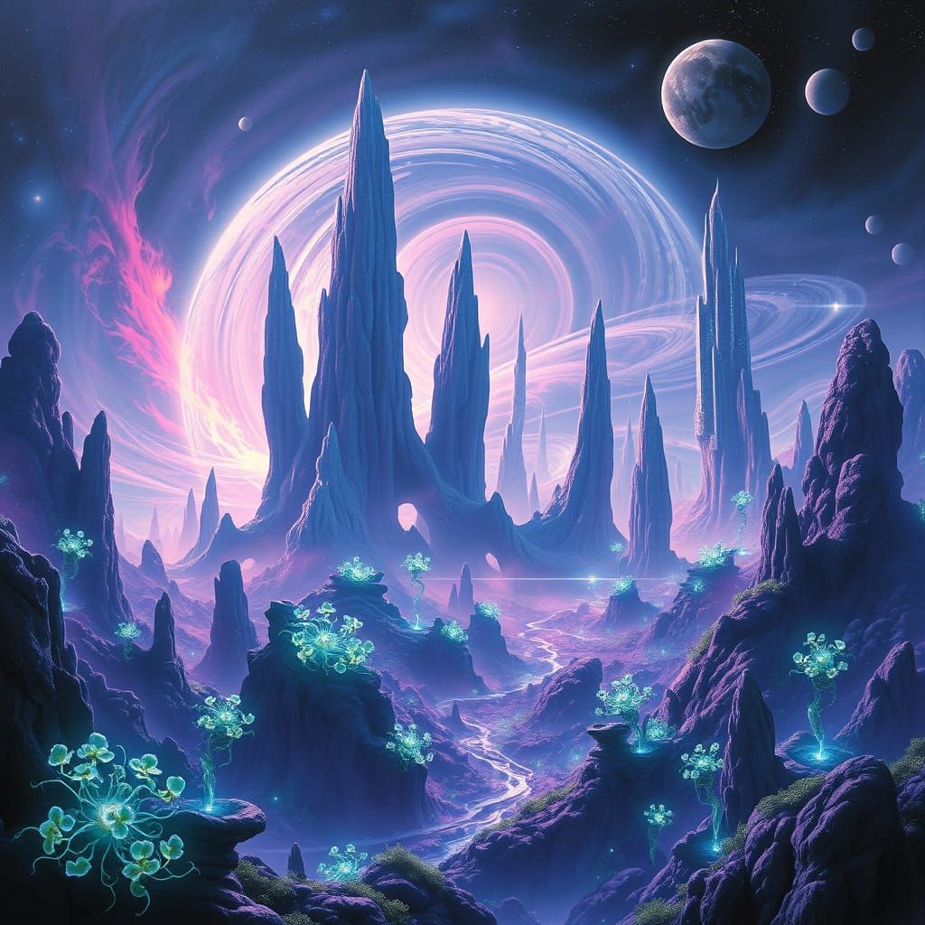 Bioluminescent Flora in Sci-Fi Landscape, Digital Art