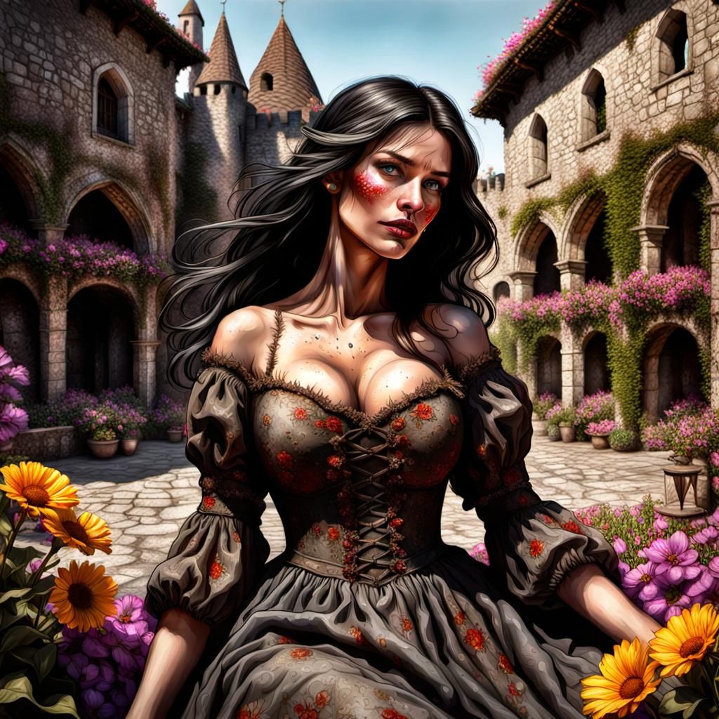 Peasant Woman in Castle Garden as Oil Painting