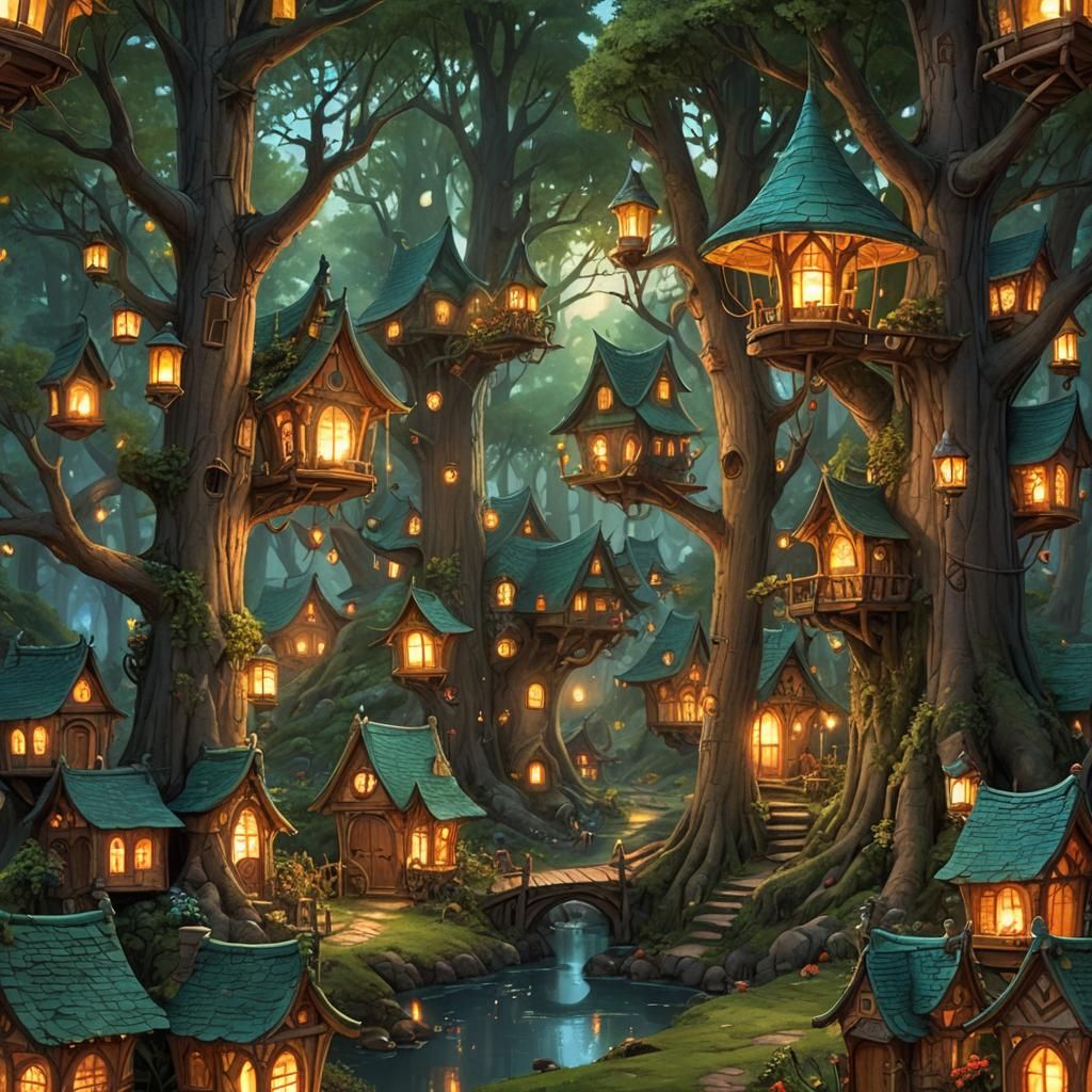 Enchanted Elven Village at Sunset in Forest