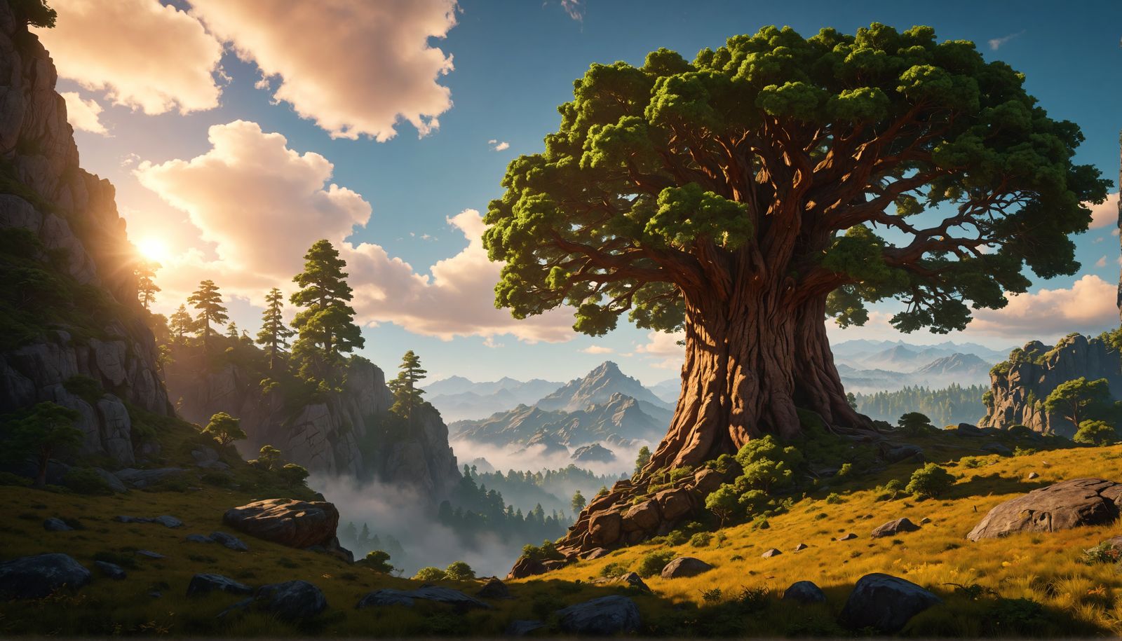 Majestic Tree Palace on Rocky Plateau in High Fantasy