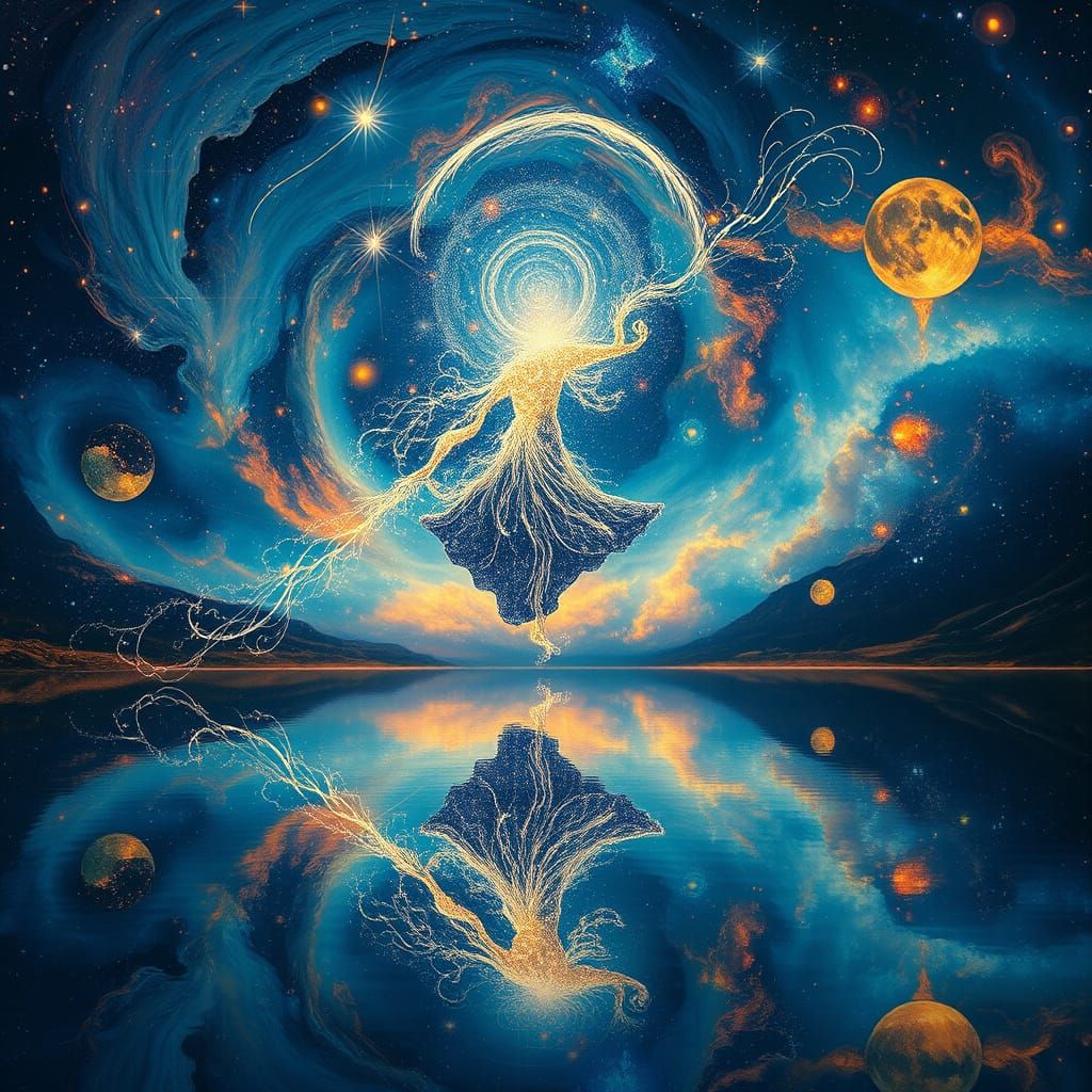 Cosmic Being of Stardust and Light Above Nebula Lake