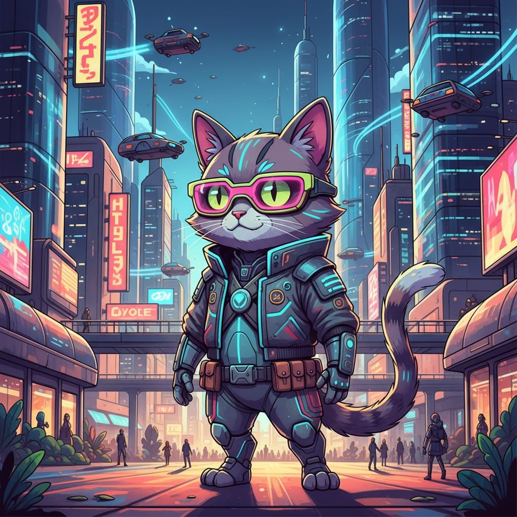 Cyberpunk Cat in Neon Cityscape Cartoon