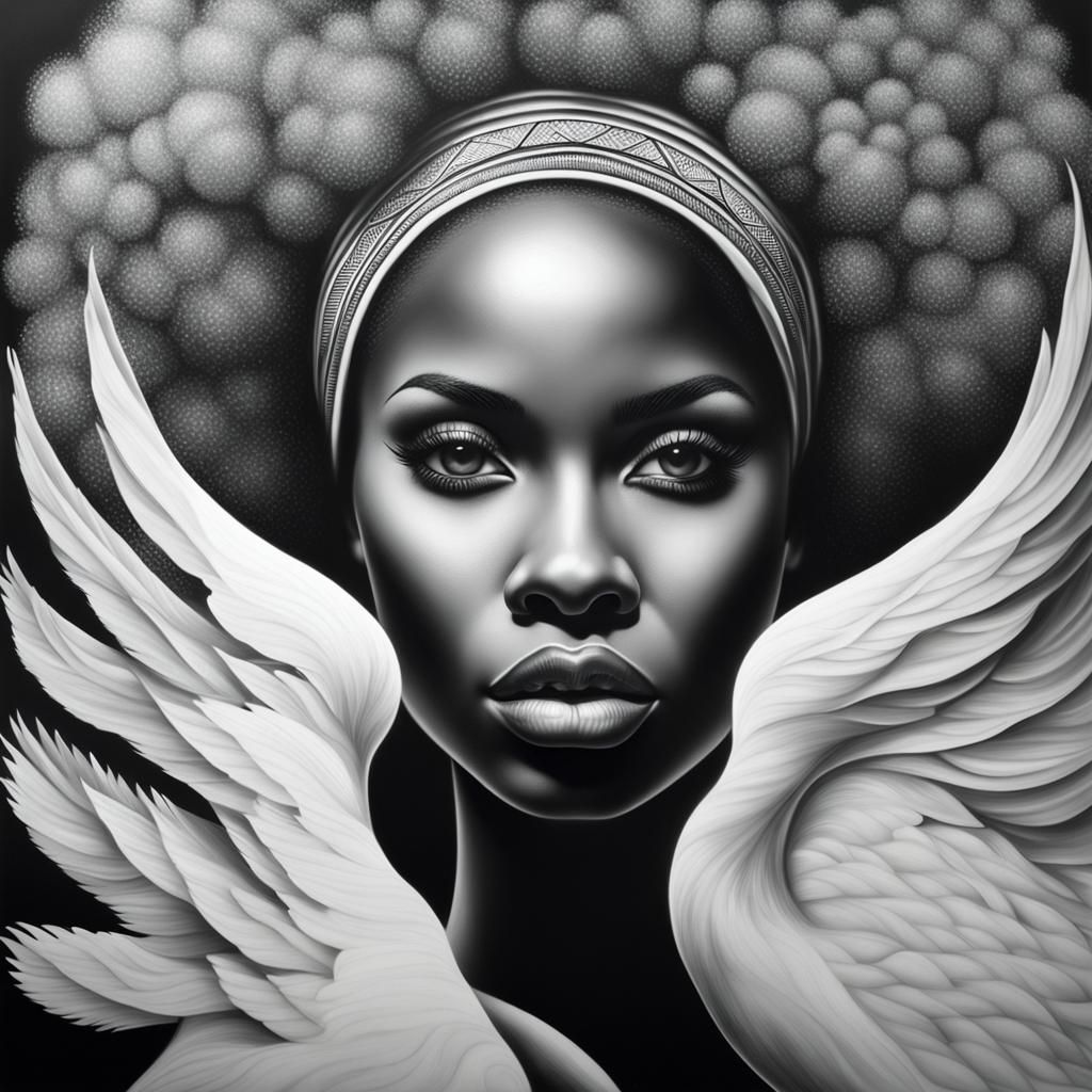 Elegant Afro-Brazilian Woman and Swan in Airbrush Art