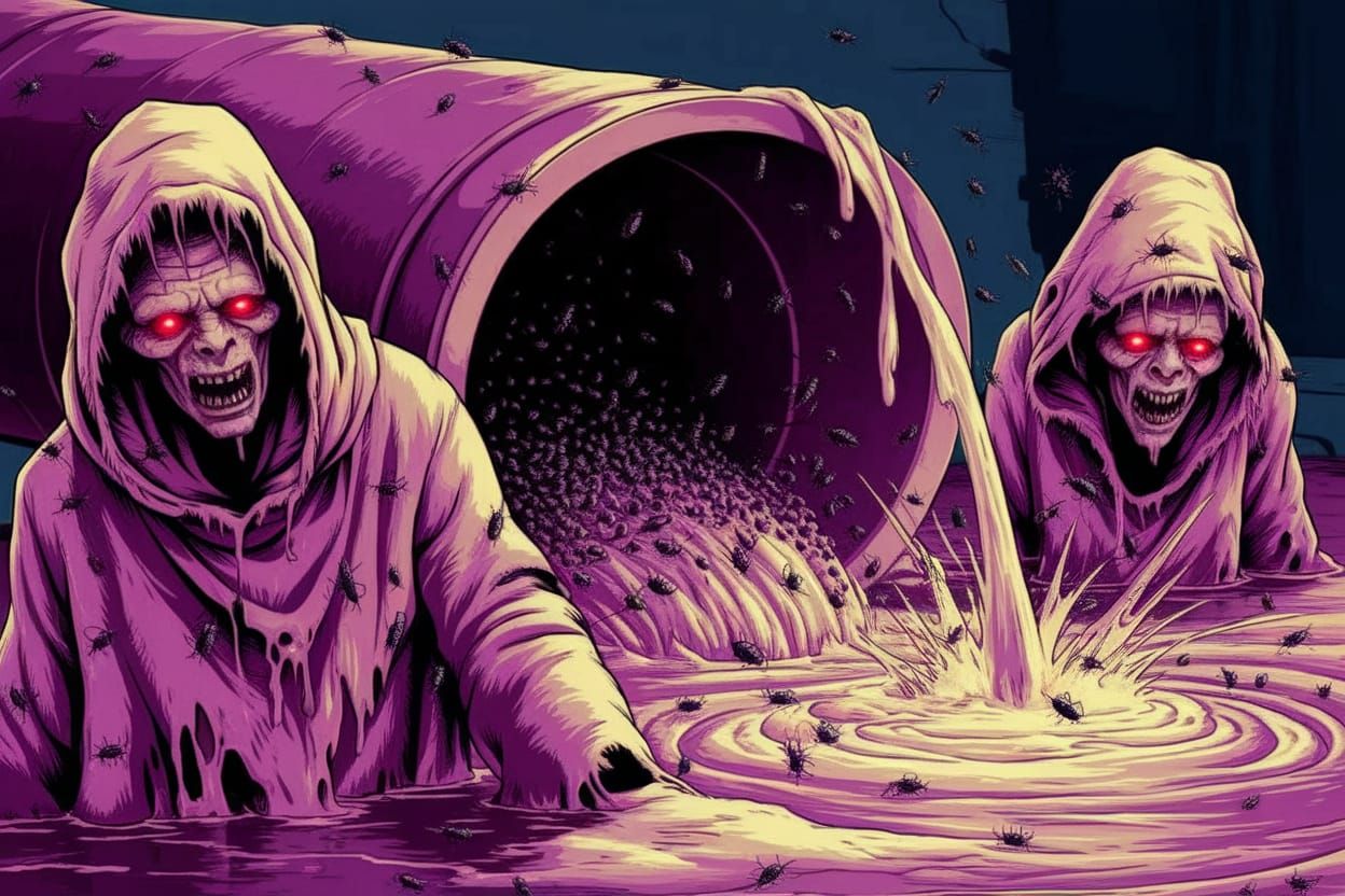 Gothic Medieval Scene of Sewerage Pouring on Mutated Lepers