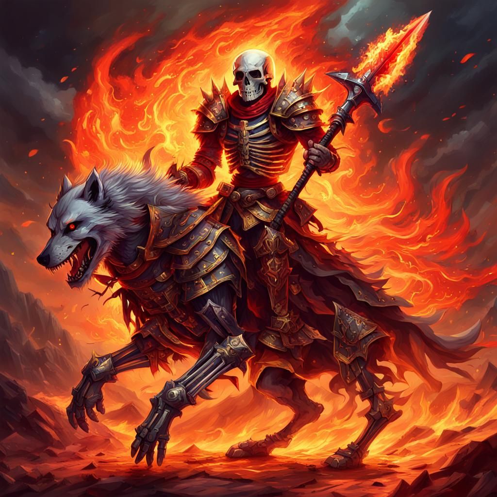 Fiery Armored Skeleton Riding Hell Wolf