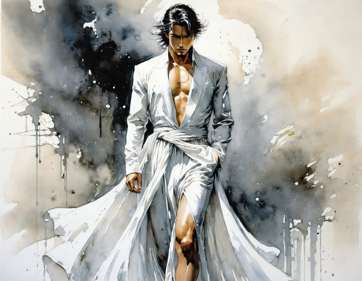 Handsome Man in Sheer White Long Dress - Ink Drawing in Abst...