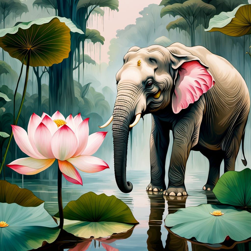 Elephant and Lotus Flower in Impressionist Style