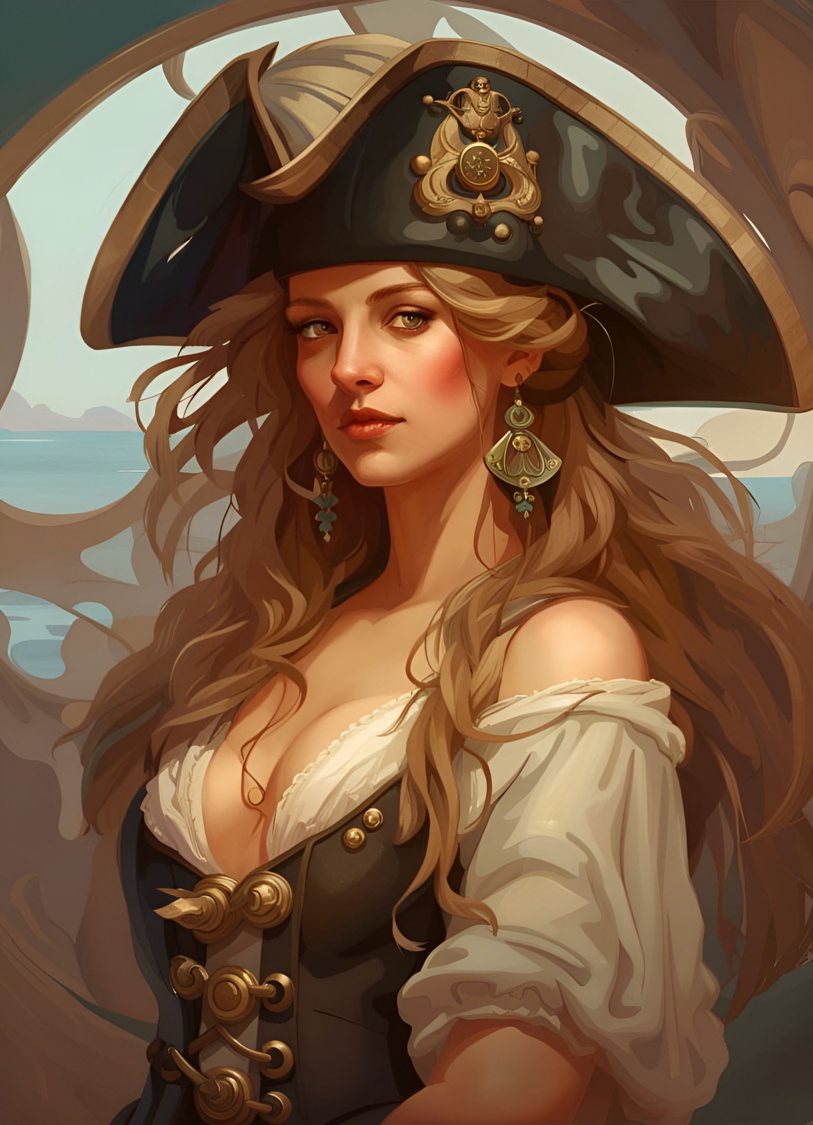 Elegant Pirate Woman Portrait in Art Nouveau Style