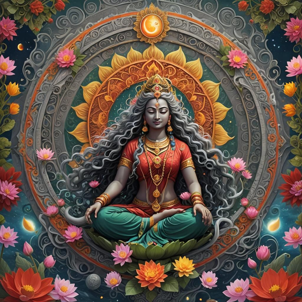 Blue Hindu Goddess in Red Cosmos: Fantasy Art