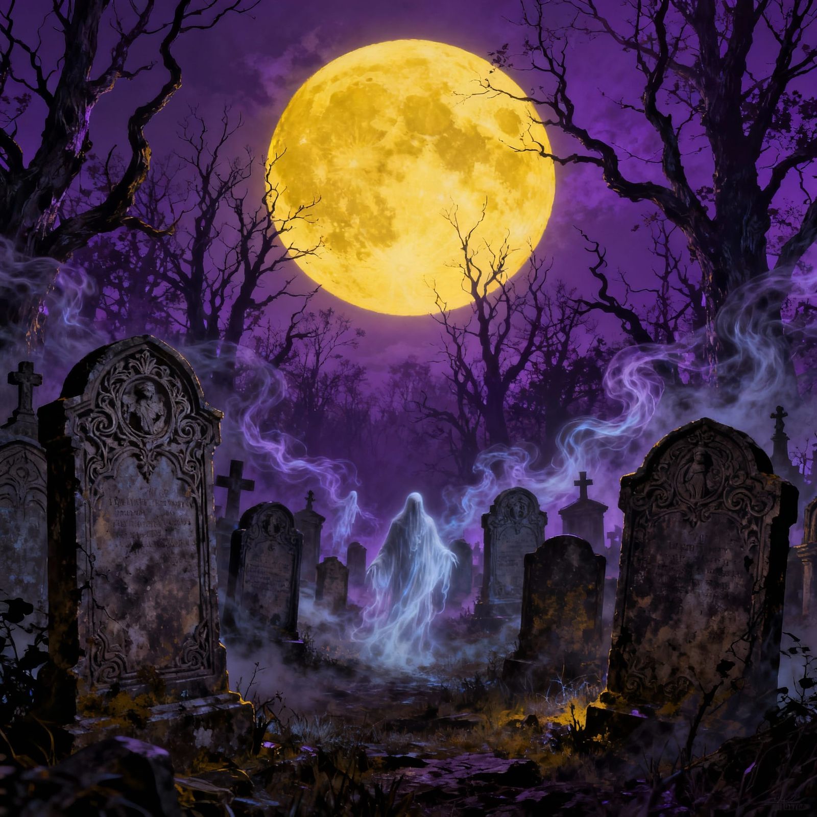 Haunted Graveyard with Ethereal Ghosts and Full Moon