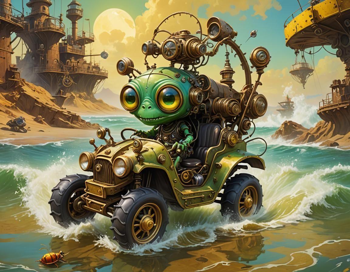 Green Alien Drives Buggy Through Yellow Sea