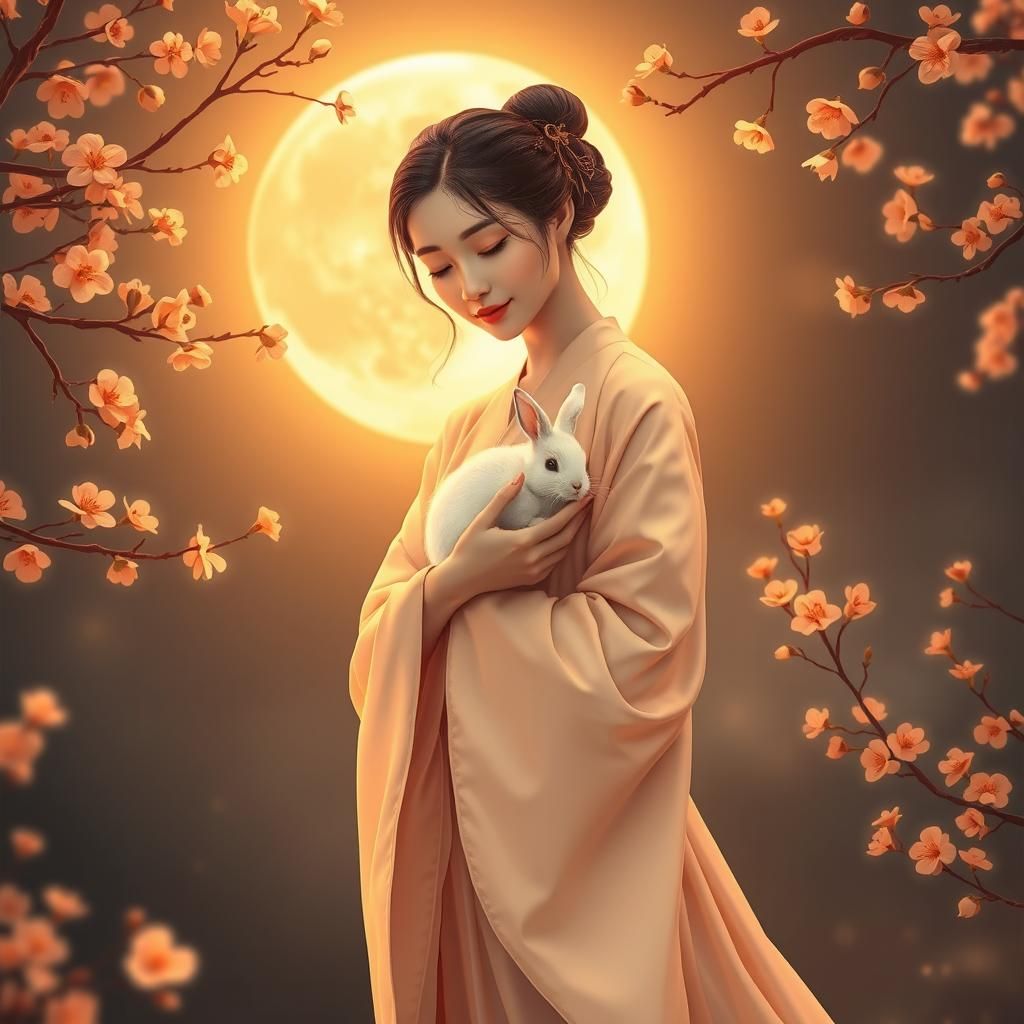 Ethereal Woman with Rabbit in Magical Forest