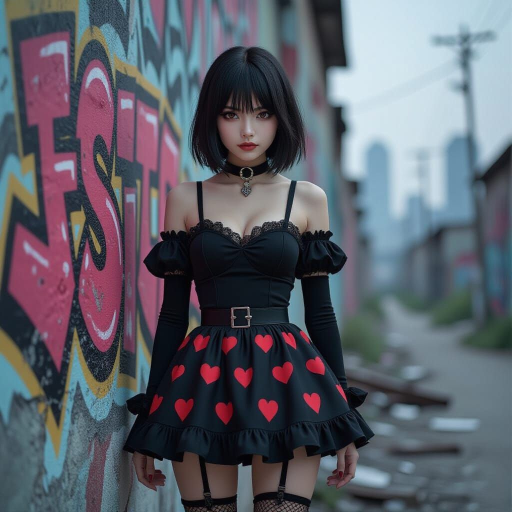 Anime Woman in Gothic Yami Kawaii Style