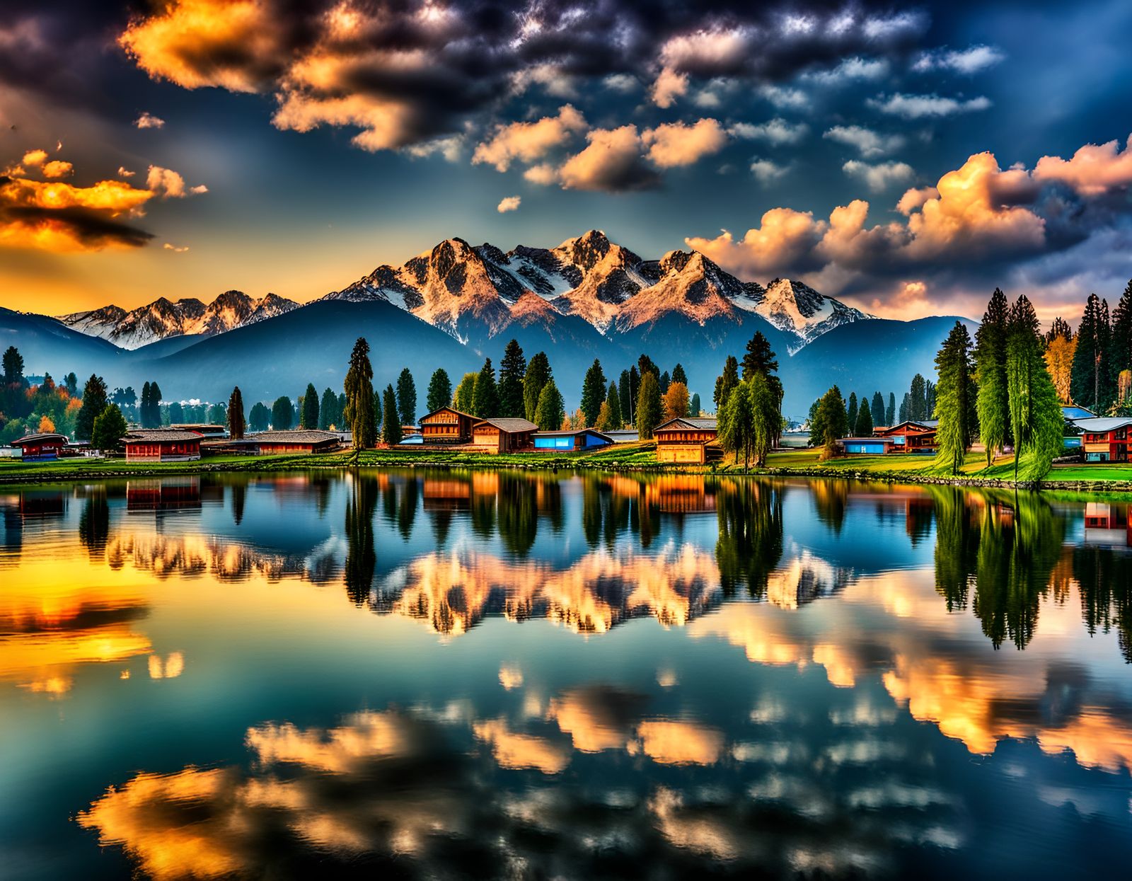 Sunset Over Kashmir Valley Lake: Hyperrealistic Oil Painting