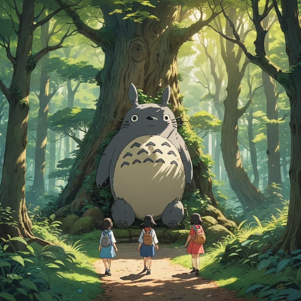 Anime Sisters Meet Totoro in Mystical Forest