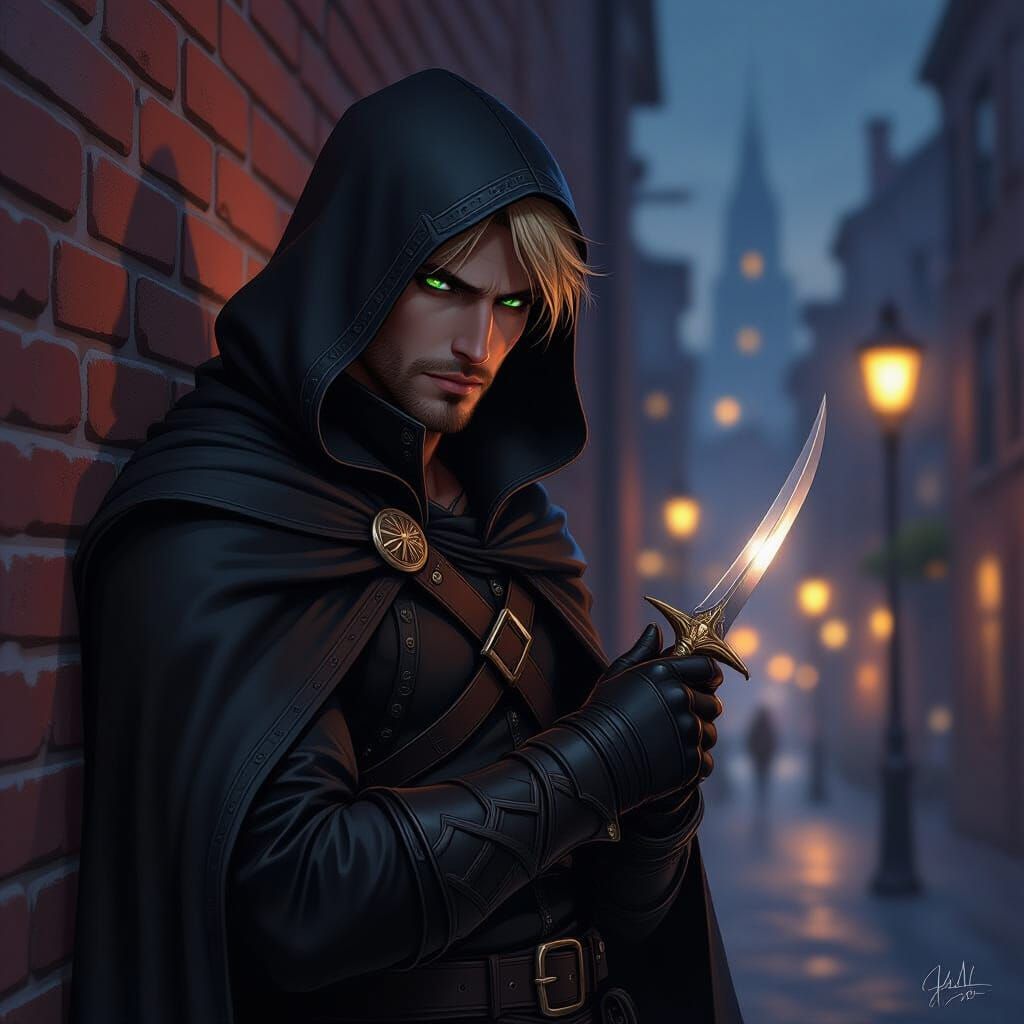 Anime Rogue with Knife in Night Cityscape