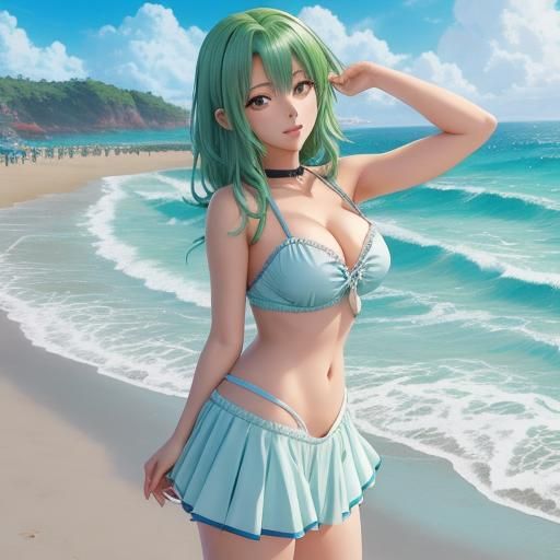 Anime Woman with Green Hair on Beach