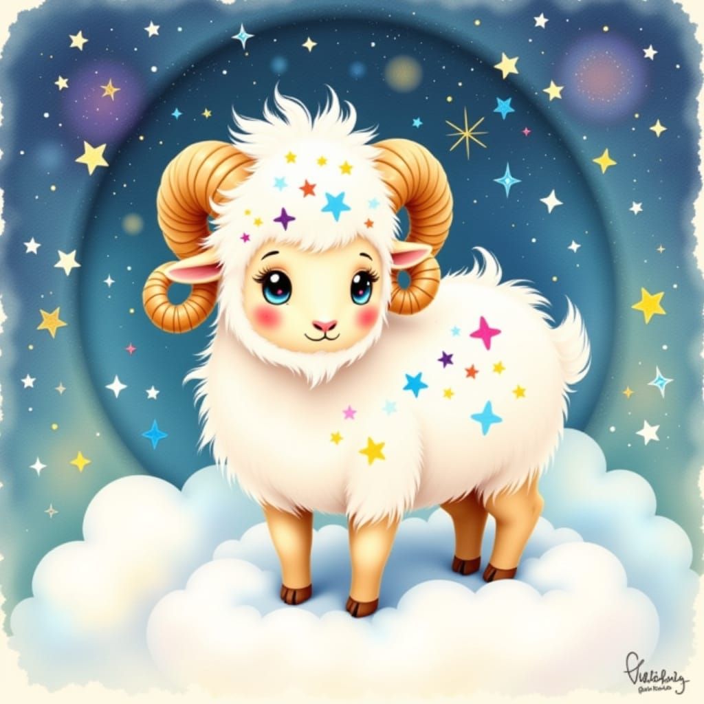 Cosmic Ram in Watercolor Starry Sky