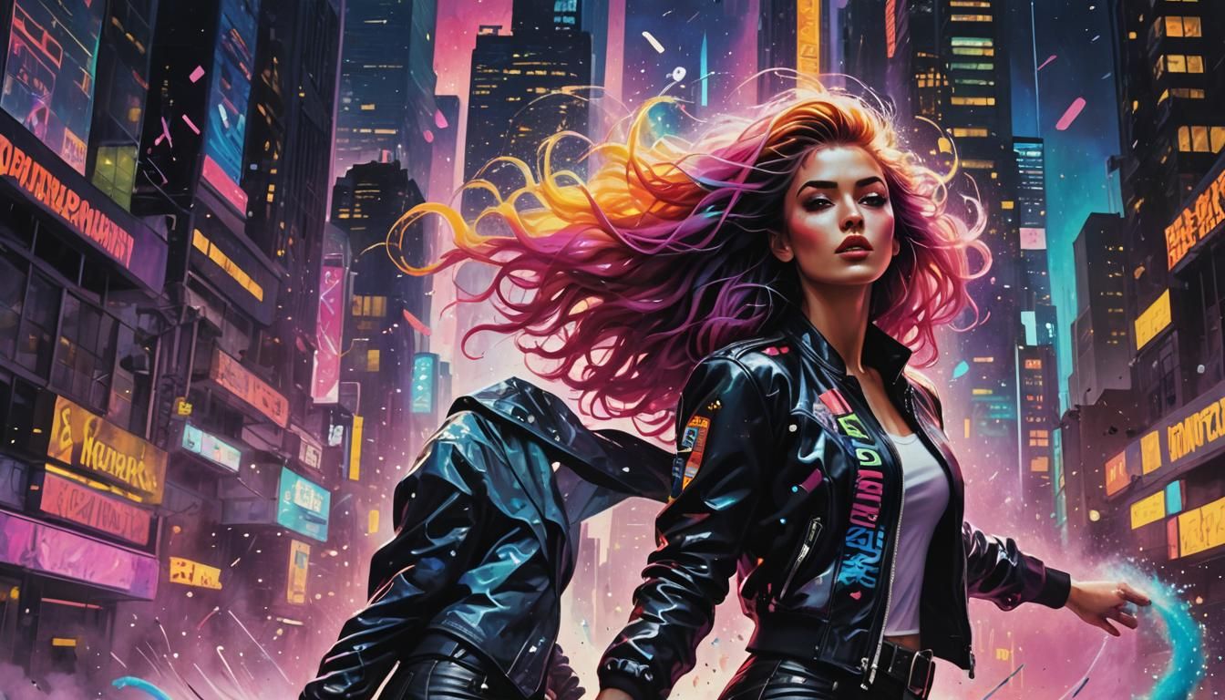 Retro-Futuristic Cityscape with Model in Comic Book Style