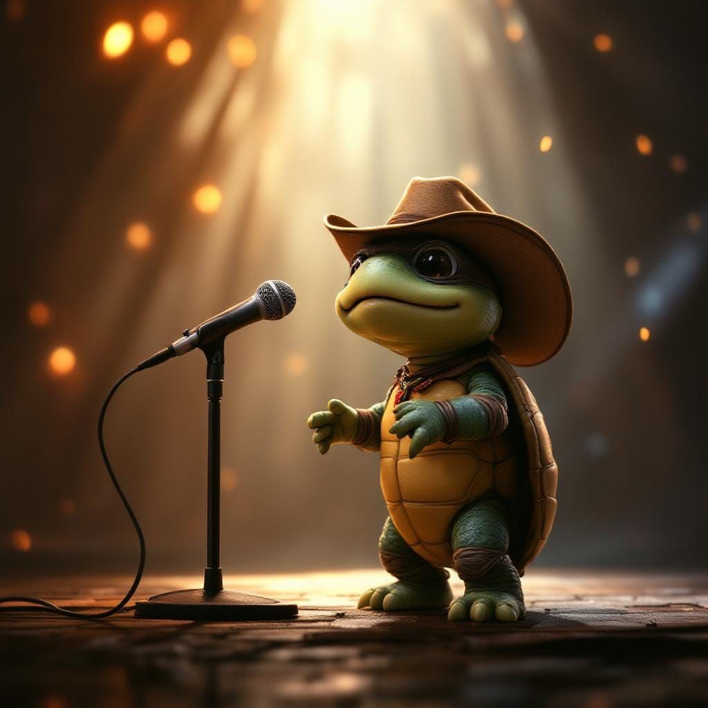 Chibi Turtle Cowboy Sings on Stage: Digital Art