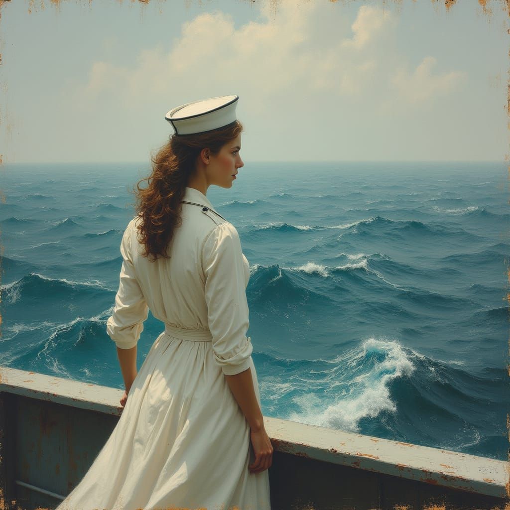 WWI Nurse Gazing at Sea, Impressionistic Style