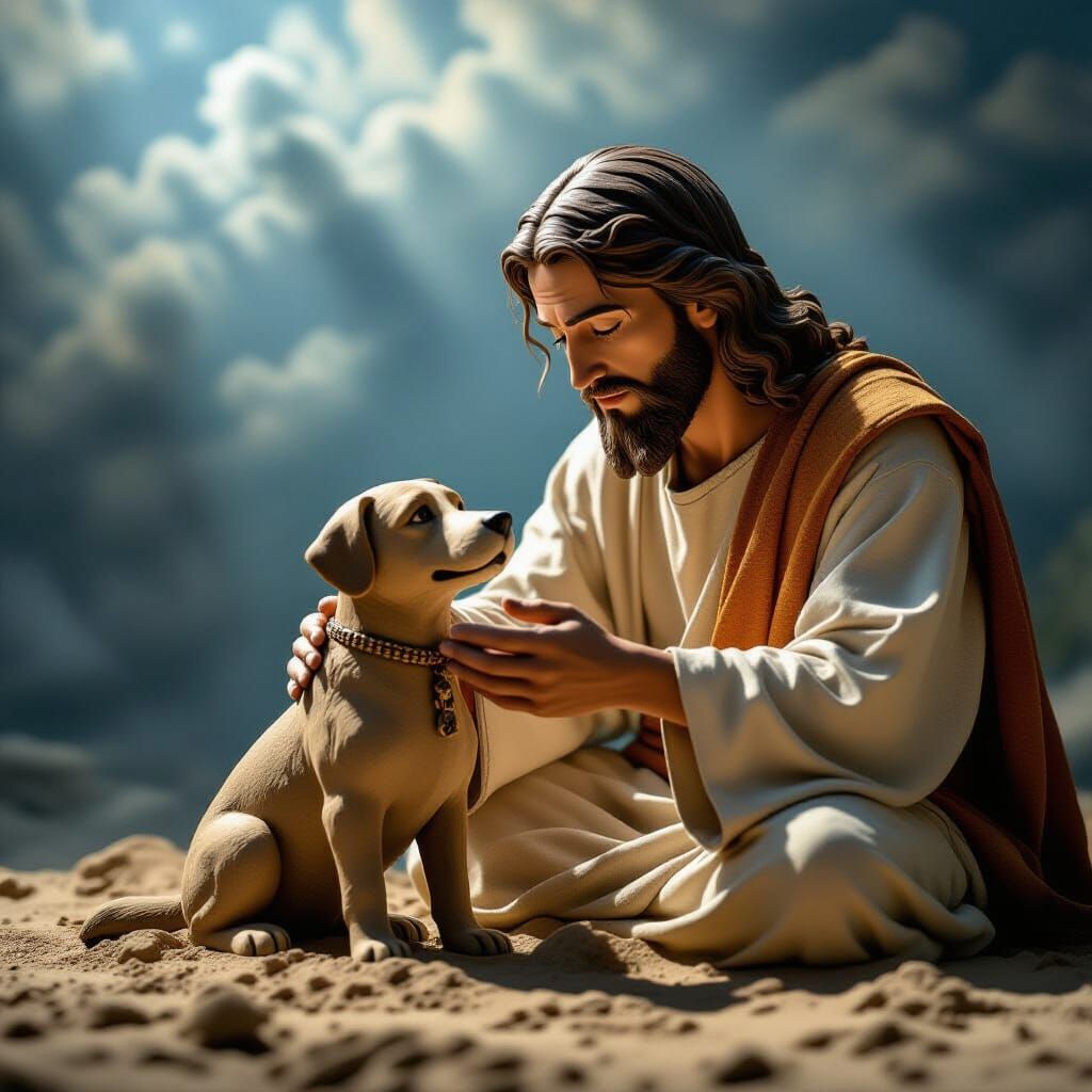 Jesus Sculpting a Clay Dog: Hyperrealistic Digital Art