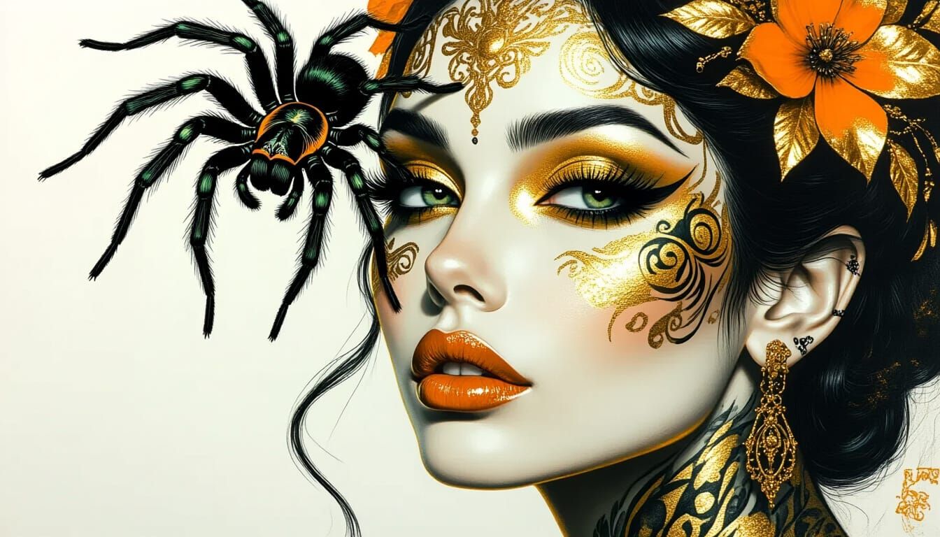 Elegant Woman with Tarantula Tattoo in Abstract Surrealism
