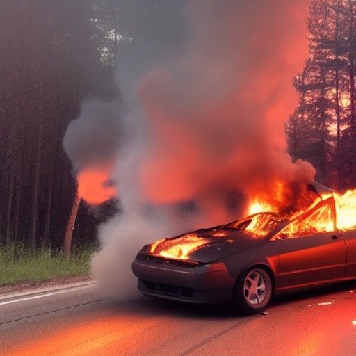 Hyperrealistic Upside-Down Car on Fire in Ditch